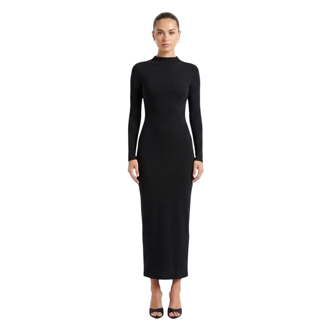 Afrm Mock Neck Maxi Dress Women Xs Black Long Sleeve Bodycon Stretch Aed079665